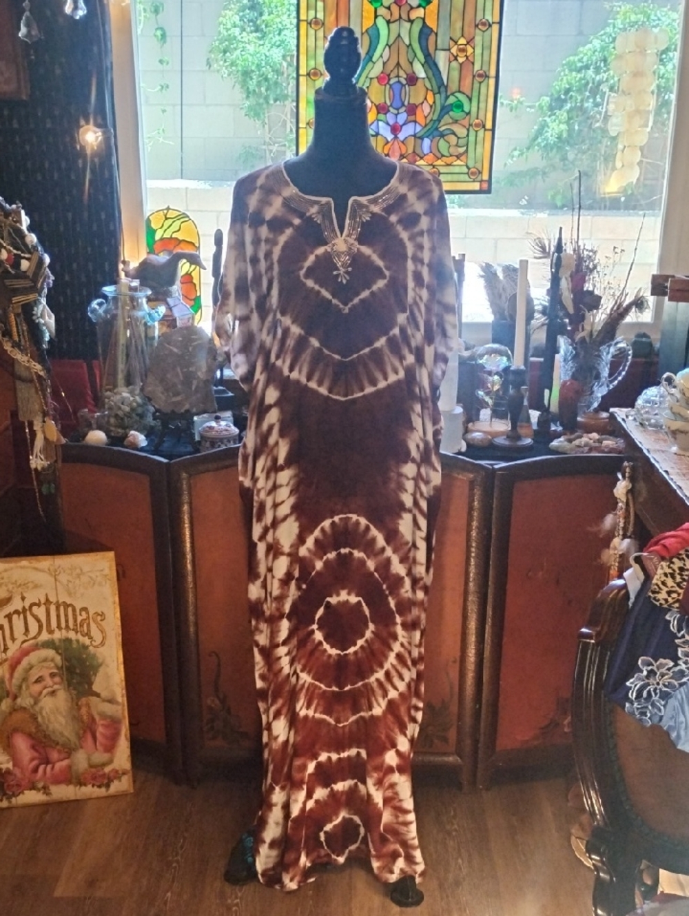 Vintage Boho Brown Tie-Dye Maxi Dress with Embellished V-Neck Summer Festival OS